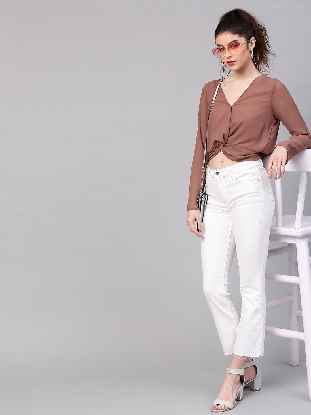 Women Brown Solid Twisted Crop Blouson Top SASSAFRAS 2XL