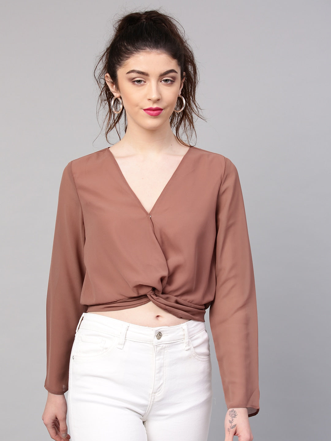 Women Brown Solid Twisted Crop Blouson Top SASSAFRAS 2XL