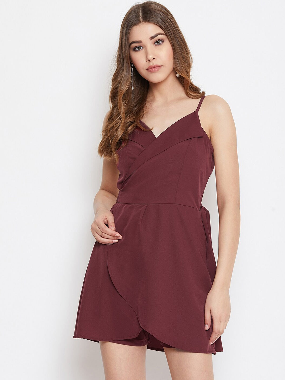 Women Burgundy Solid Layered Playsuit Berrylush