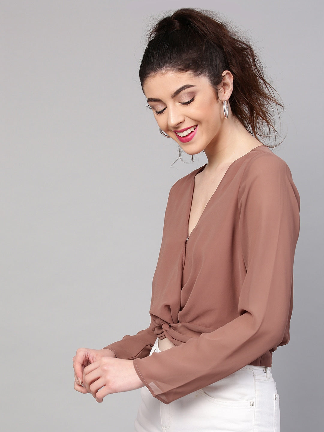Women Brown Solid Twisted Crop Blouson Top SASSAFRAS 2XL