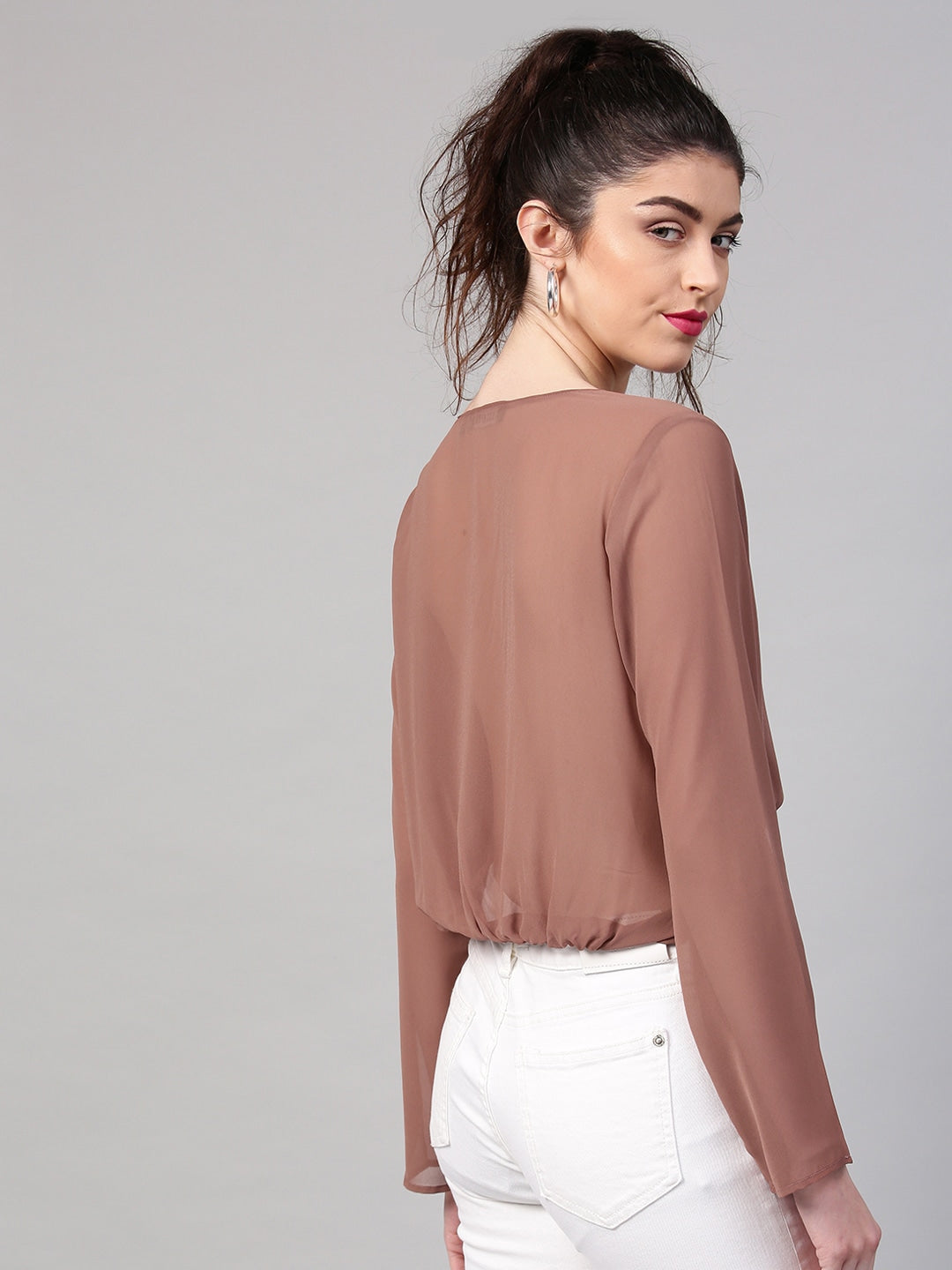 Women Brown Solid Twisted Crop Blouson Top SASSAFRAS 2XL